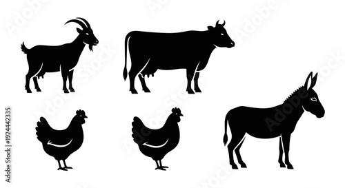 Farm Animals Silhouettes Set: Goat, Cow, Chickens, Donkey Icons on White Background