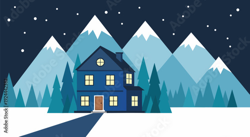 Serene Winter House with Snow-Covered Trees, Snowy Ground, Starry Sky, and Snow-Capped Mountains Vector Illustration