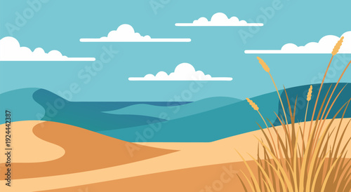 Stylized Sky, Mountain Dunes, and Yellow Grass in Warm and Cool Tones