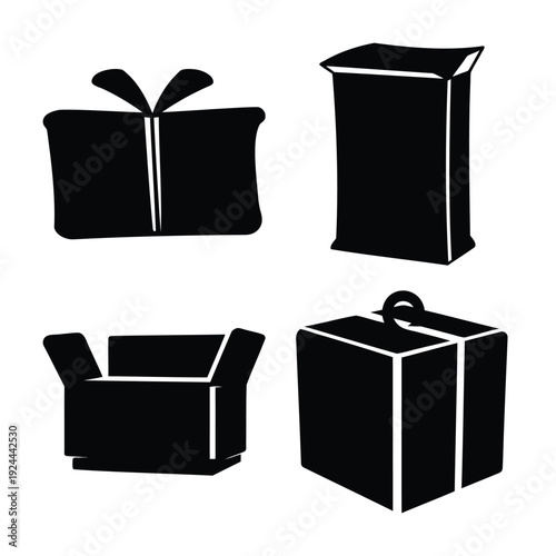 Various packaging and delivery items illustration including a gift box, bag, and open carton