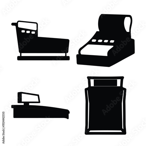 Collection of diverse black silhouettes representing various essential office and retail equipment