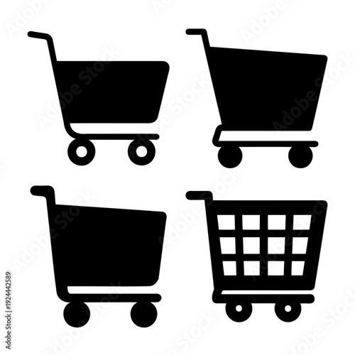 Set of four distinct black silhouette shopping cart icons for various retail and online purchasing designs