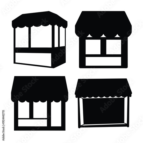 Various black silhouette icons of traditional market stalls and shop fronts with awnings for retail