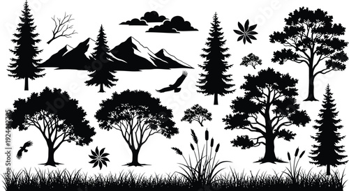 Black and white forest landscape with trees mountains and wildlife silhouettes