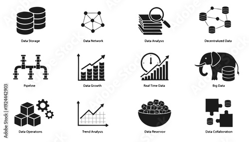 Twelve black and white illustrating data and technology concepts on a white background (13) d