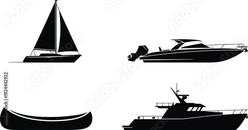 Silhouettes of four different boats including sailboat, motorboat, canoe, and luxury yacht, showcasing diverse watercraft designs, maritime transportation, and nautical lifestyle in vector