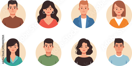 Set of Diverse People Avatar Icons Featuring Men and Women with Various Hairstyles and Outfits in a Clean Flat Design Style