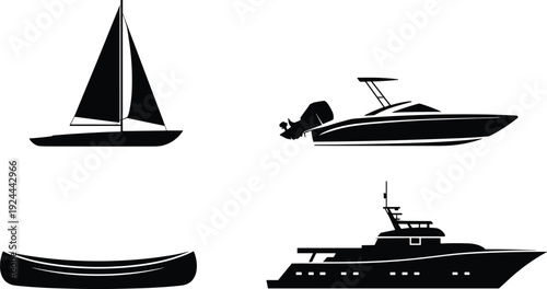 Silhouettes of four distinct boats including sailboat, motorboat, canoe, and luxury yacht, highlighting nautical lifestyle, maritime transport, and diverse watercraft design in vector illustration.