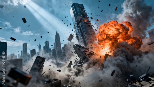 Dramatic scene of a skyscraper exploding and collapsing in a city center