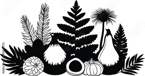 Black and white illustration of various plants and fruits