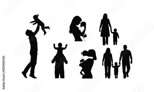 Family silhouettes depicting various interactions and parental love