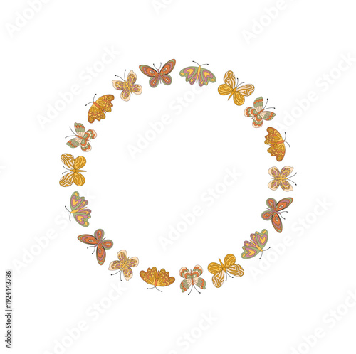 Groovy retro butterfly circle border frame style with seamless floral pattern. Nature and spring elements blend as colorful orange y2k motif, ideal for cheerful, trendy pattern concepts.