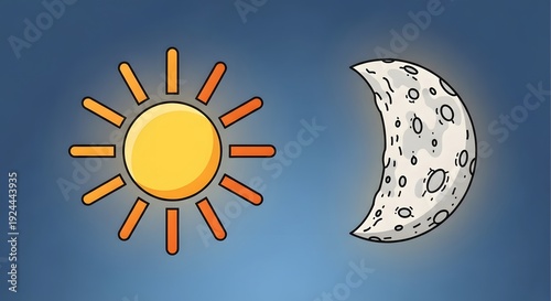 Stylized illustration of a bright yellow sun and a grey crescent moon against a blue sky, symbolizing day and night.
