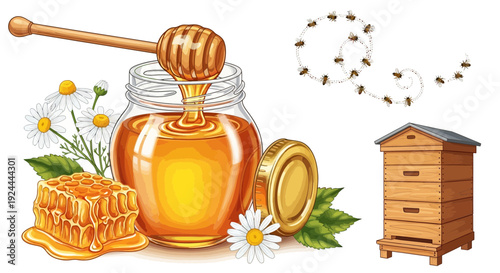 Honey jar with honey dipper bees honeycomb and beehive illustration on white