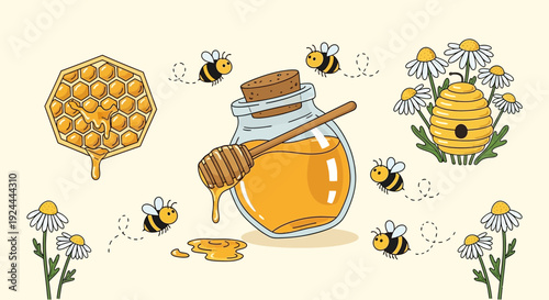 Honey jar with honeycomb and bees cartoon illustration on light background