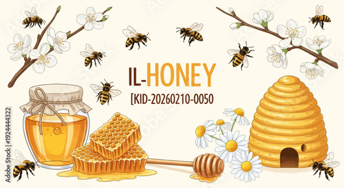 Honey jar with honeycomb bees flowers and beehive illustration