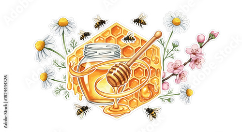 Honey jar with honeycomb dipper surrounded by flowers and bees
