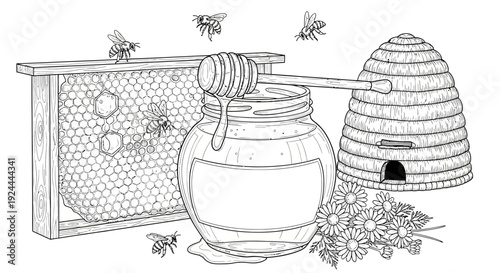 Honey jar with wooden dipper beehive honeycomb and flying bees illustration