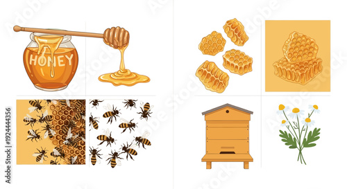Honey jar with wooden dipper honeycomb bees and flowers on white background