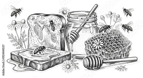 Honey related illustration with bees on bread and honeycomb