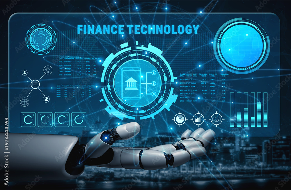 Obraz premium AI in Finance Technology (FinTech) for digital banking and automated investment. An AI platform for mobile payments and financial services. Motif