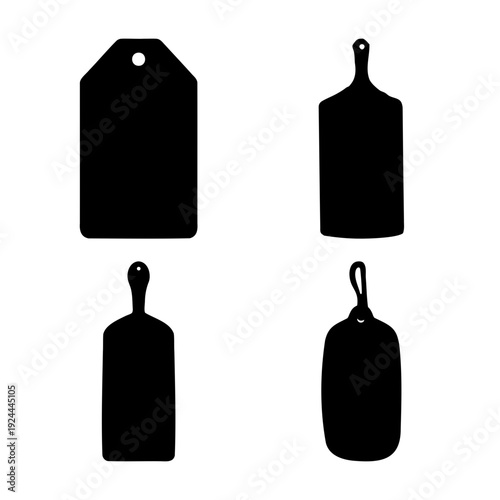 Collection of diverse black silhouette tags and cutting boards for graphic design