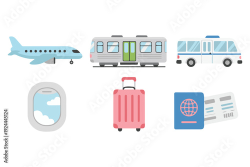 Travel and Vacation Vector Illustration Set. Airplane, Train, Bus, Suitcase, and Passport Icon