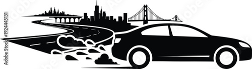 A black silhouette of a car speeding past a cityscape