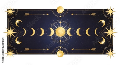 Mystical golden celestial banner with sun, moon phases, and stars on a dark background, featuring astrological and bohemian design elements.