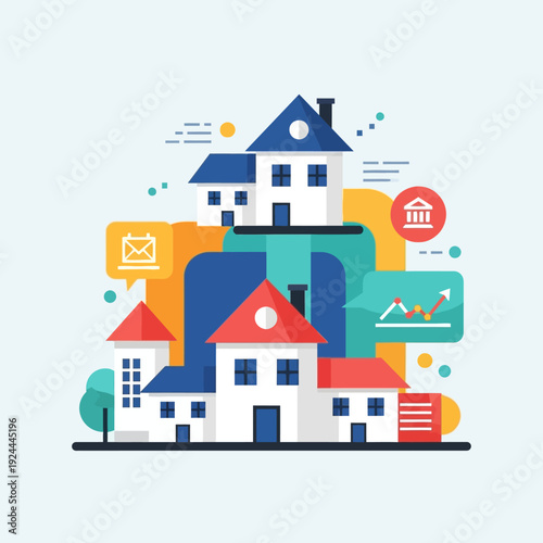 Colorful illustration of multiple houses.