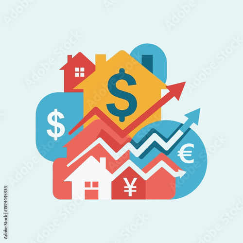 Houses with financial symbols rising.