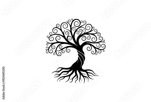 Artistic Flowing Tree of Life Silhouette Vector with Natural Organic Roots