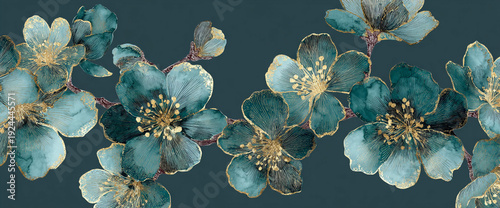 Matte dark teal wallpaper floral repeat, cherry blossoms with metallic foil accents and watercolor wash petals, seamless 32k