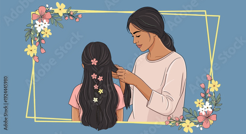 Mother combing daughter's hair with flowers in a serene scene.