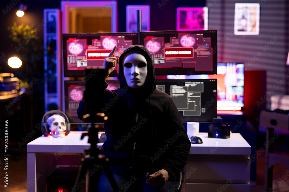Fototapeta premium Hacker group cybercriminal wearing anonymous mask filming video threatening another country government to steal military secrets, doing international espionage in underground secret hideout
