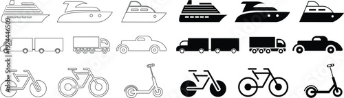 Transportation icons set featuring ships trucks cars and bicycles in line and solid styles