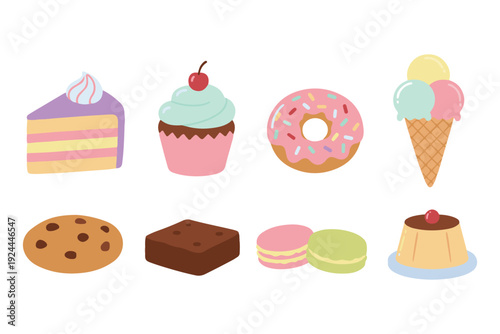 Assorted sweet dessert collection with cake slice, cupcake, donut, ice cream cone, chocolate cookie, brownie, macaron, and pudding in flat style