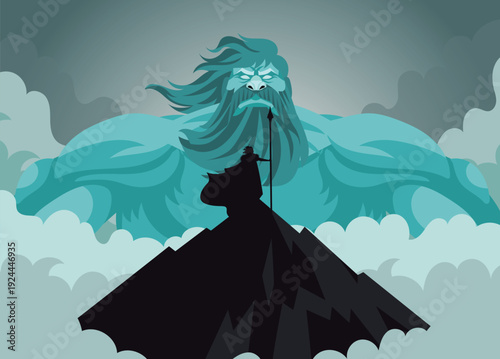 odin fighting ymir with spear in epic battle