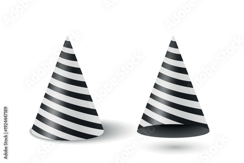 Vector 3d Realistic Black and White Party Hat Set. Glossy Striped Celebration Party Hat for Birthday. New Year, Holiday Event, Carnival Decoration. Festive Accessory. Party Hat Illustration