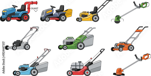 Lawn Mower and Garden Equipment Icon Set Featuring Push Mowers, Ride On Tractors, Trimmers, and Outdoor Landscaping Tools for Vector Design