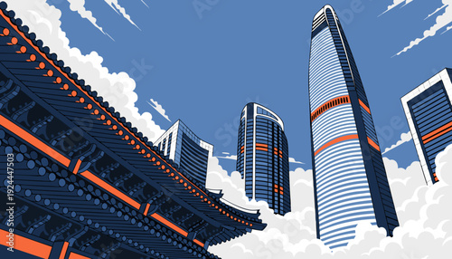 Traditional Asian Architecture Contrasts Modern Skyscrapers Under Vast Blue Sky and White Clouds seoul skyline vector
