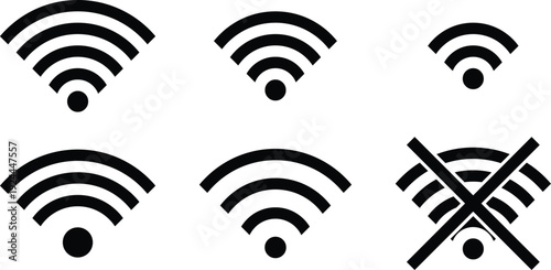 Six black wifi signal with varying signal strength and one no signal wireless connection network