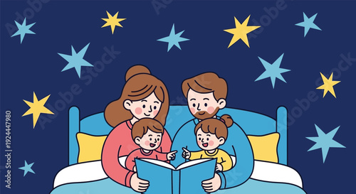 Family Bedtime Story Illustration with Mother and Children.