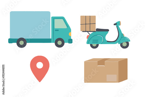 Logistics and Delivery Service Vector Illustration Set. Courier Transport, Truck, Scooter, and Shipping Box Icon