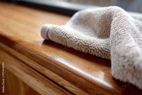 Microfiber Cloth Resting on Polished Wooden Surface During Cleaning Process in Daylight Generative AI