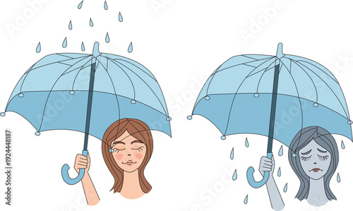 A conceptual vector illustration showing two states of a woman: one protected from the rain by an umbrella, and another where the rain is falling inside the umbrella, symbolizing depression