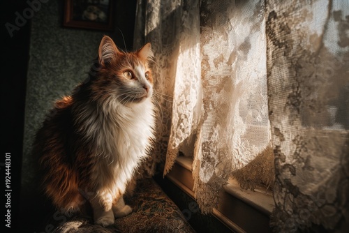 Cat Sits on Windowsill Enjoying Sunlight While Looking Outside at the World During the Afternoon in a Cozy Room With Lace Curtains Generative AI