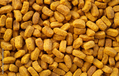 Dry food granules, kibble for pets, full frame, close up texture