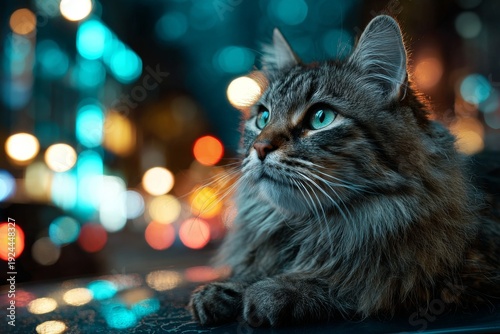 Sitting on Car Hood Under City Lights in the Evening, a Cat Gazes at the Bustling Urban Scene With Bright Colors and a Lively Atmosphere Generative AI