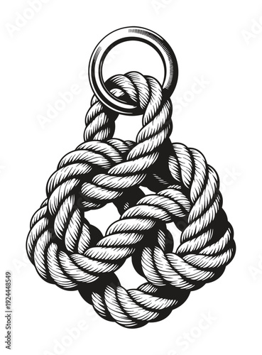 Close-up view of a detailed rope knot illustration with a metal ring on a plain white background captured from a top-down perspective highlighting intricate loops